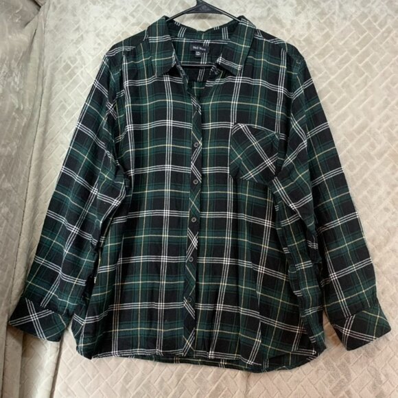 Well Worn Mens XXL Shirt Green Plaid Flannel Button Up Long Sleeve Cotton Blend - Picture 1 of 13